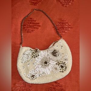 Beaded Floral Cream Shoulder Bag